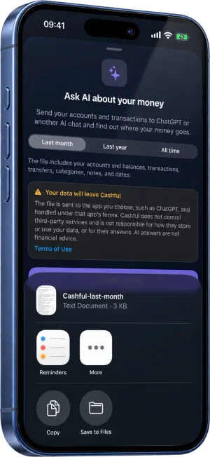 A tela ChatGPT e IA do Cashful: escolha um período, veja o que entra no arquivo e compartilhe