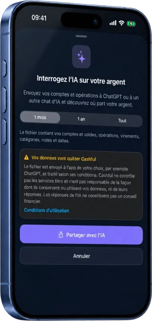 L’écran ChatGPT et IA de Cashful : choisissez une période, voyez ce que contient le fichier et partagez-le