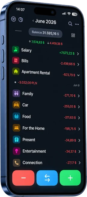 Cashful no iPhone: histórico de transações com valores em várias moedas