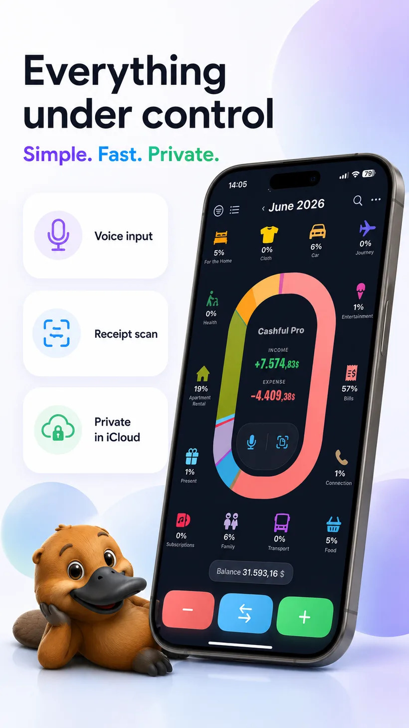 Cashful home screen on iPhone — a colourful donut chart of monthly income and expenses, with voice input and receipt scan built in