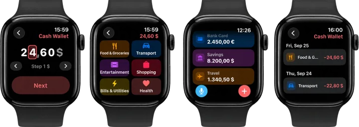 Four Apple Watch screens from Cashful: entering an amount with the Digital Crown, choosing a category, all accounts in one list, and an account's recent history