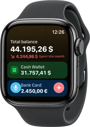 Cashful on Apple Watch: total balance, this month's spending and the list of accounts